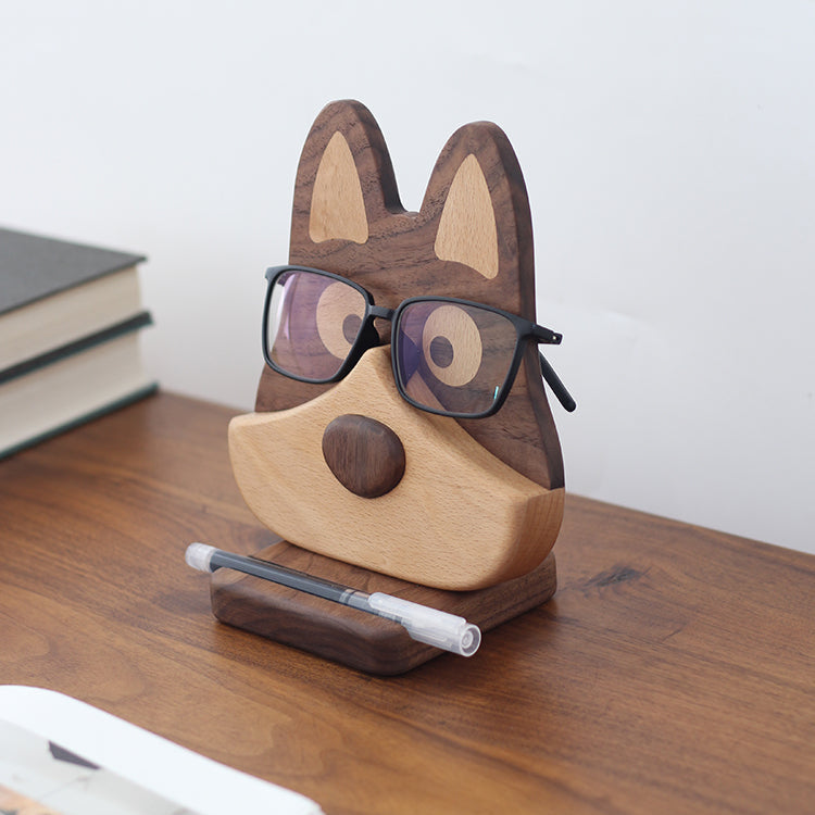 Wooden Glasses Holder – Multi-Use Desk Organizer & Phone/iPad Stand, Watch & Jewelry Hanger (Dog Design)