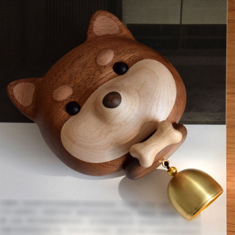 Shiba Inu Wooden Doorbell – Handcrafted Wood Figure with Brass Chime