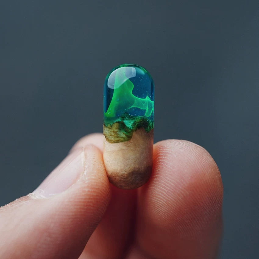 Wood Resin Aurora Blue Capsule Pendant – Handmade Mini Landscape Necklace Charm