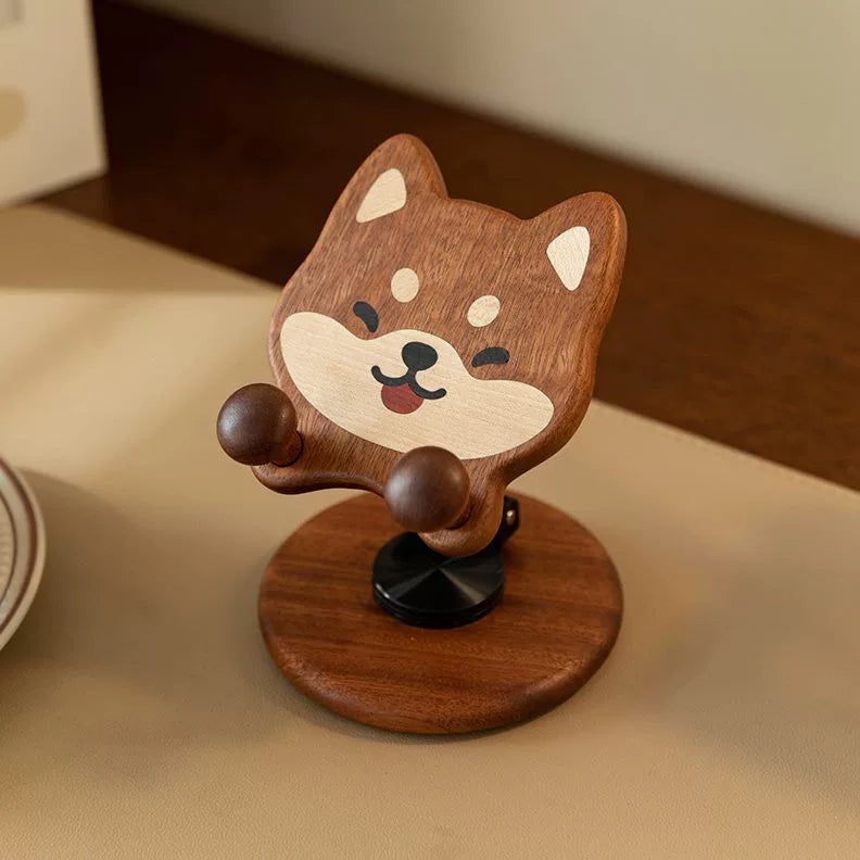 Shiba Inu Wooden Phone Stand – Foldable, Rotating, Multi-Angle Desk Holder
