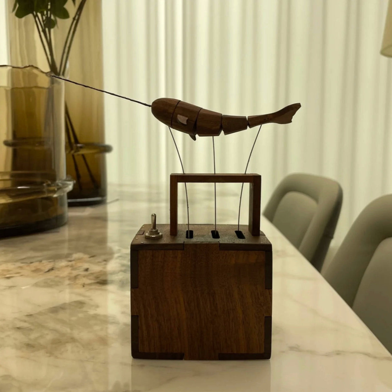 Wooden Whale Music Box Automata – Handmade Black Walnut Kinetic Sculpture with Battery Drive