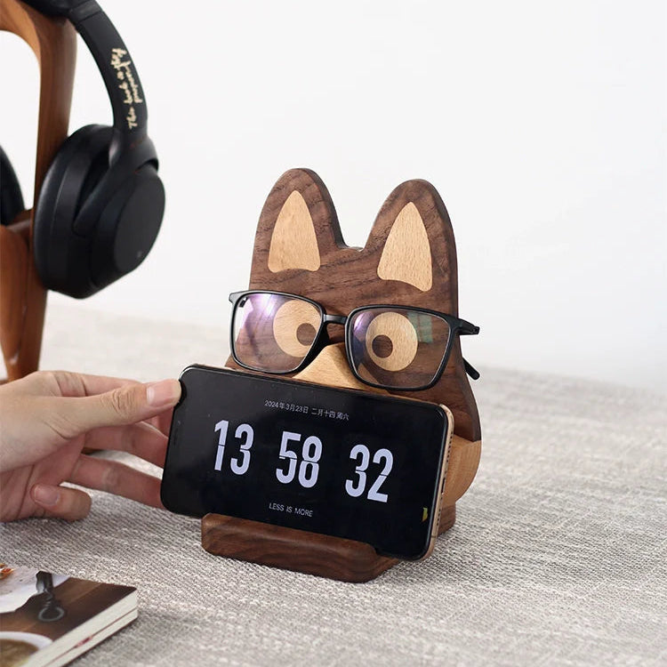 Wooden Glasses Holder – Multi-Use Desk Organizer & Phone/iPad Stand, Watch & Jewelry Hanger (Dog Design)