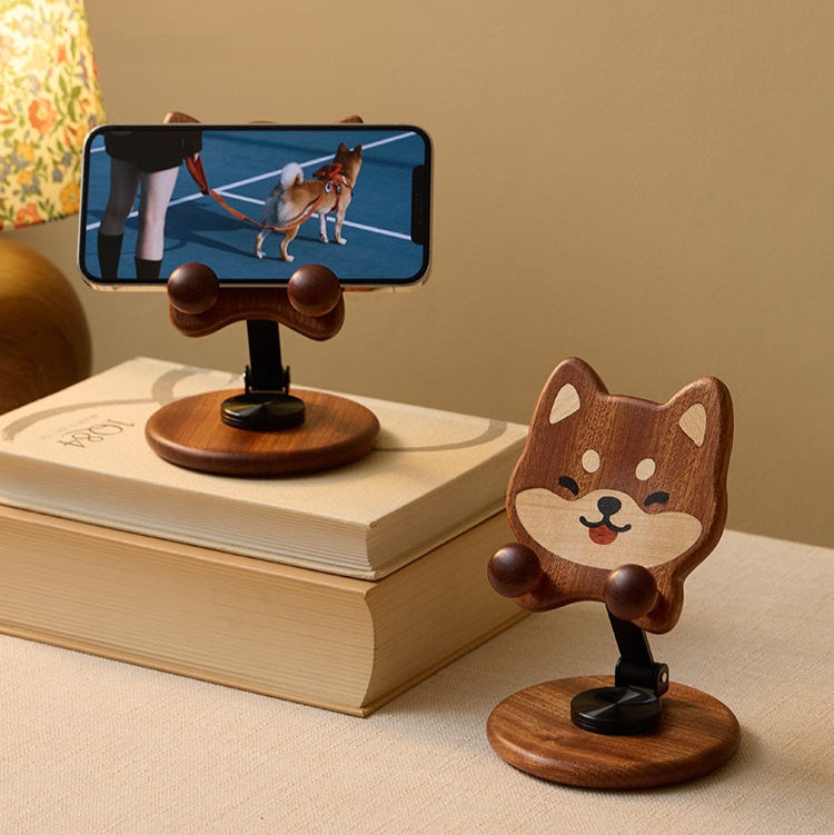 Shiba Inu Wooden Phone Stand – Foldable, Rotating, Multi-Angle Desk Holder