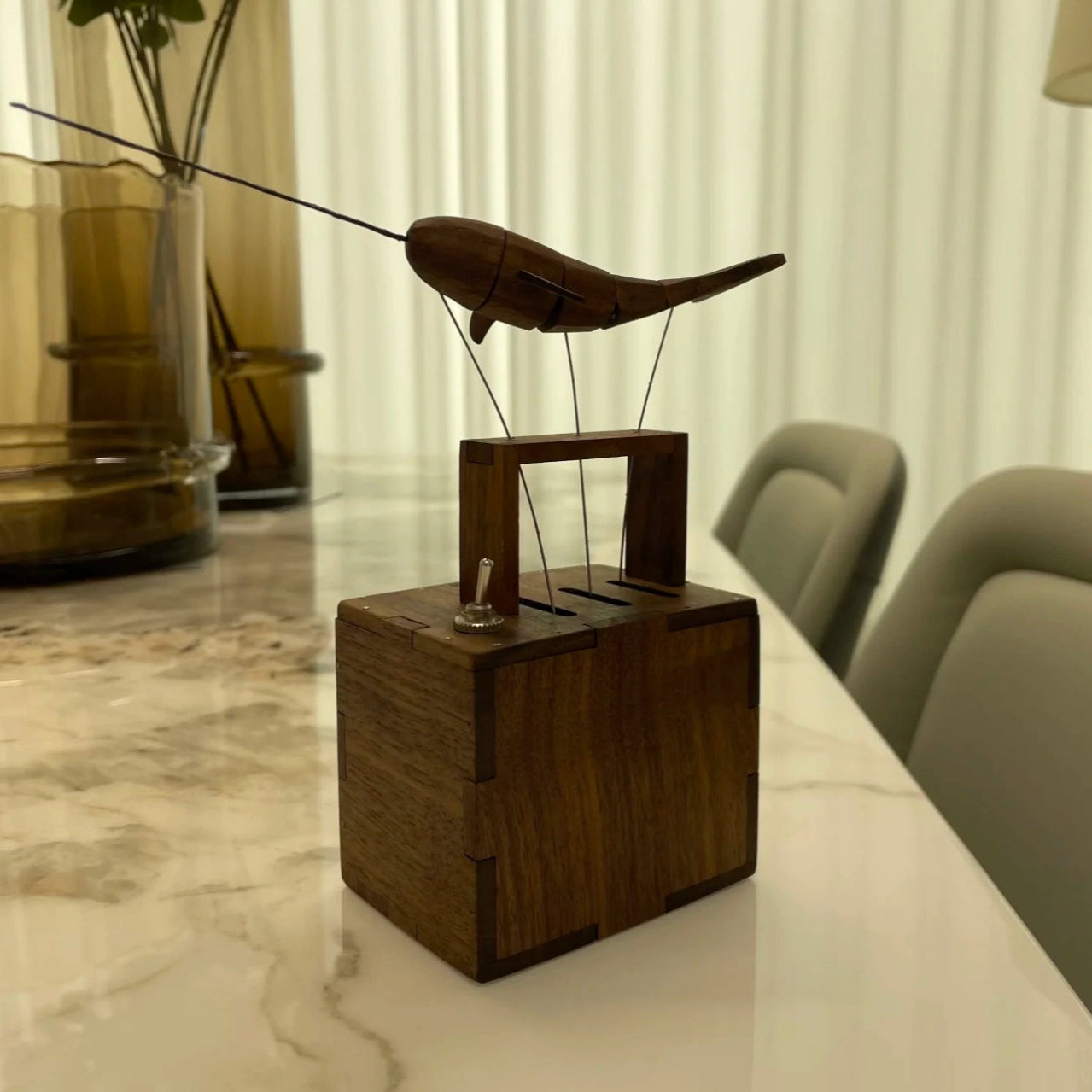 Wooden Whale Music Box Automata – Handmade Black Walnut Kinetic Sculpture with Battery Drive