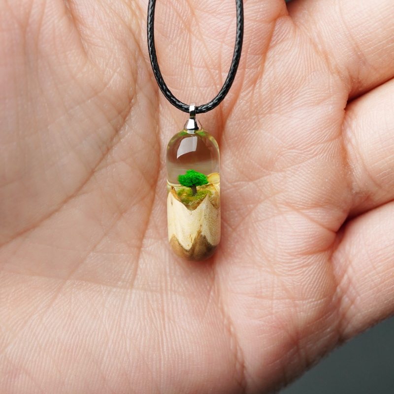 Wood Resin Transparent Oasis Capsule Pendant – Mini Tree Landscape Necklace Charm