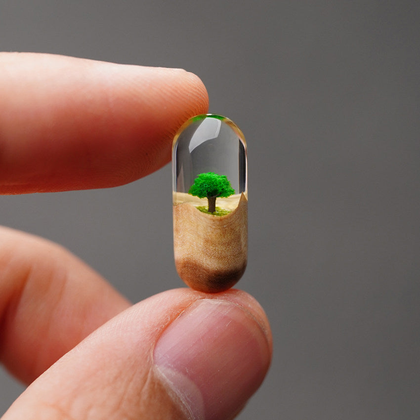 Wood Resin Transparent Oasis Capsule Pendant – Mini Tree Landscape Necklace Charm