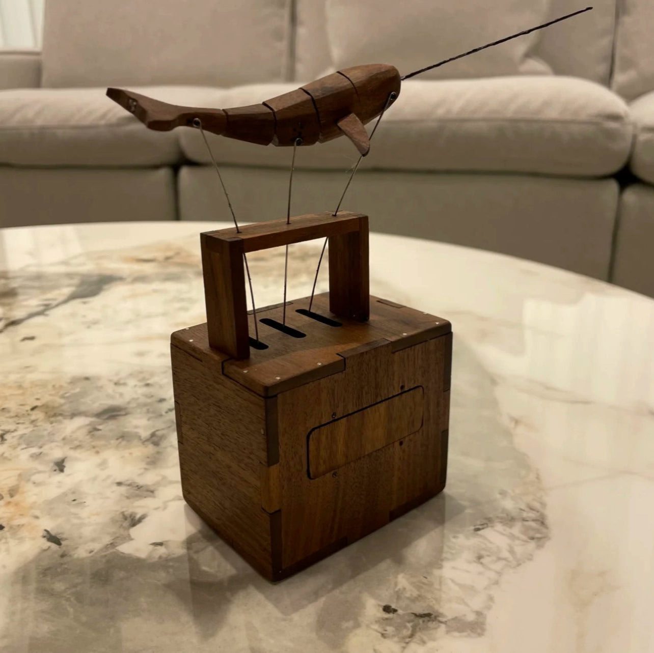 Wooden Whale Music Box Automata – Handmade Black Walnut Kinetic Sculpture with Battery Drive