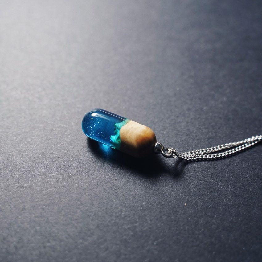 Wood Resin Galaxy Capsule Pendant – Handmade Mini Landscape Necklace Charm